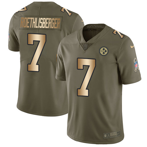 Nike Steelers #7 Ben Roethlisberger Olive/Gold Men's Stitched NFL Limited Salute To Service Jersey - Click Image to Close